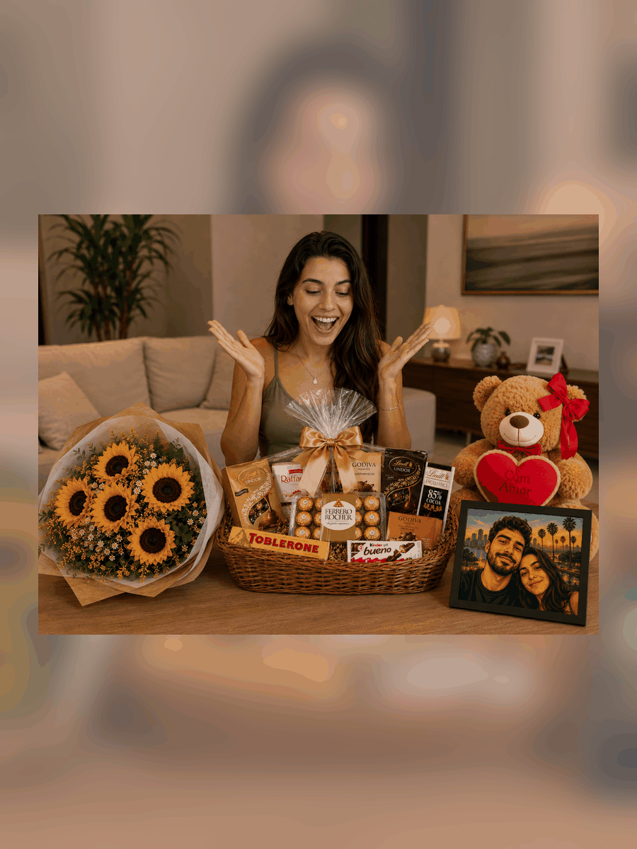 Cliente surpresa com presentes na mesa